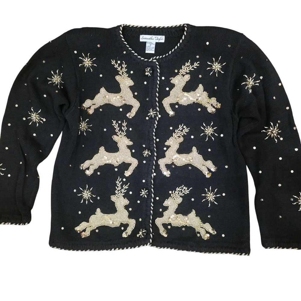 SAMANTHA TAYLOR M Black Gold Sequinโ Reindeer Christmas Sweater Vtg Kitschy Glam